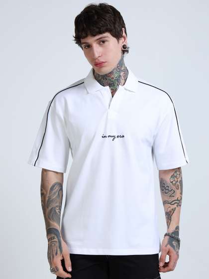 glitchez Men
                          Typography Printed Polo Collar Cotton
                          Oversized T-shirt