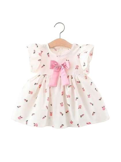 BABY HOME Kids Girls
                    White & Pink Printed Fit & Flare Dress