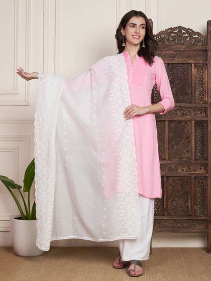 AKSHADEEP Floral
                          Embroidered Chikankari Pure Cotton Dupatta