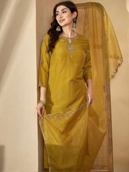 Sangria Ethnic
                          Motifs Embroidered Thread Work Chinon Kurta
                          With Trousers & Dupatta