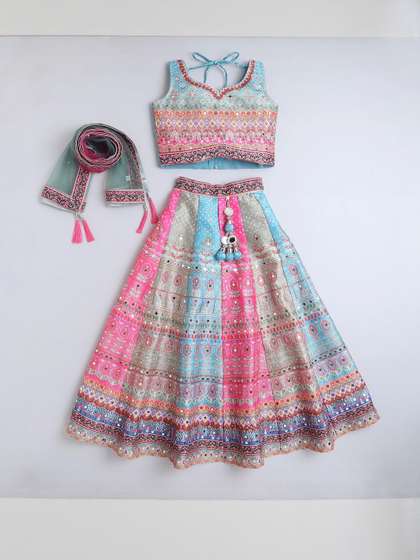 KL9KIDS Girls Printed
                      Thread Work Tie and Dye Ready to Wear Lehenga
                      & Blouse With Dupatta
