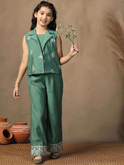 Sangria Girls Green
                      Embroidered Regular Chanderi Silk Top Palazzo with
                      Jacket Set