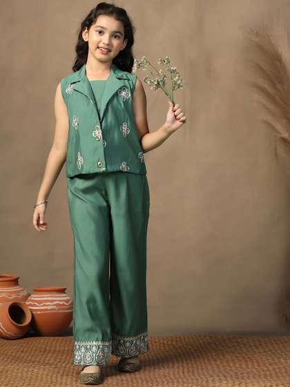 FASHION DREAM Girls
                    Embroidered Regular Chanderi Silk Top with Palazzos