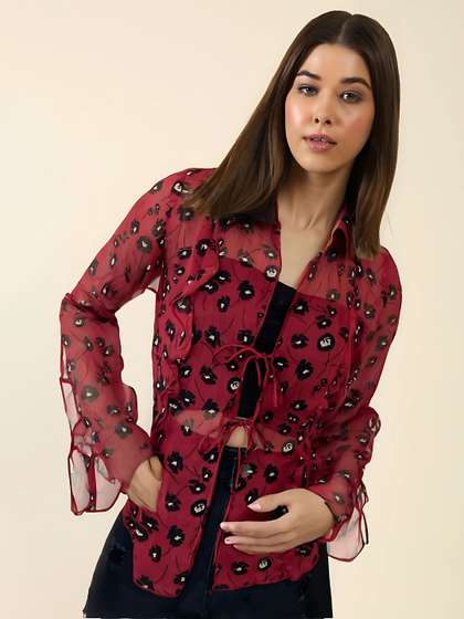 Sera Floral Printed
                        Sheer Tie-Up Shrug