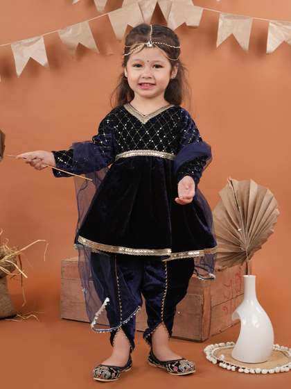 BAESD Girls Embroidered
                    V Neck Thread Work Velvet Kurti with Dhoti Pants
                    & With Dupatta