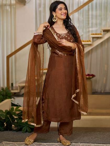 HERE&NOW Women
                      Floral Embroidered Regular Thread Work Dupion Silk
                      Kurta with Trousers & With Dupatta