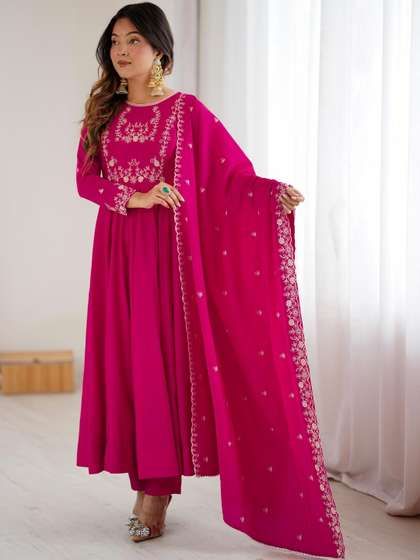 HERE&NOW Women
                        Embroidered Pleated Chanderi Silk Kurta with
                        Trousers & With Dupatta