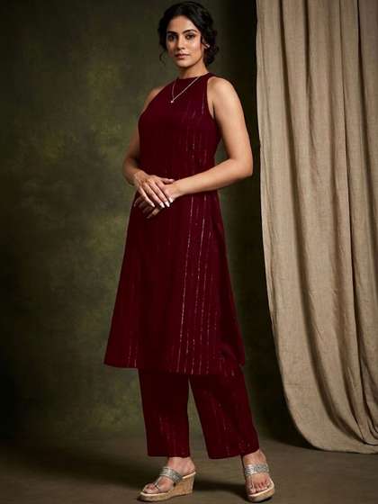 Sangria Striped
                        Round Neck Kurta & Trousers
