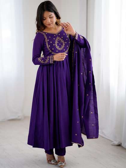 HERE&NOW Women
                          Embroidered Pleated Beads and Stones Chanderi
                          Silk Kurta with Trousers & With Dupatta
