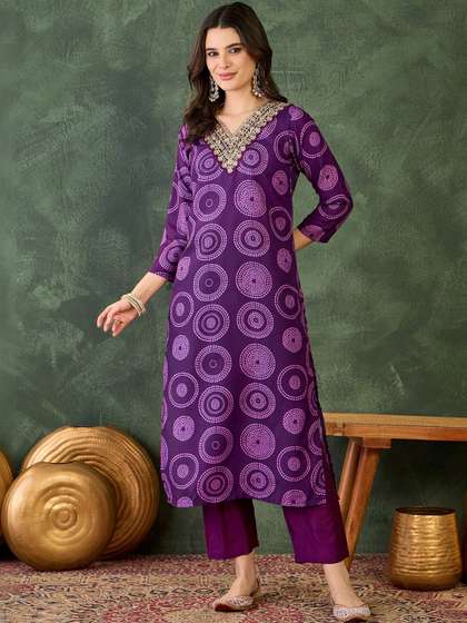 KALINI Women Printed
                        Regular Thread Work Kurta with Trousers &
                        With Dupatta