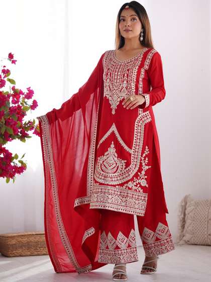 HERE&NOW Women
                        Ethnic Motifs Embroidered Regular Thread Work
                        Linen Kurta with Palazzos & With Dupatta
