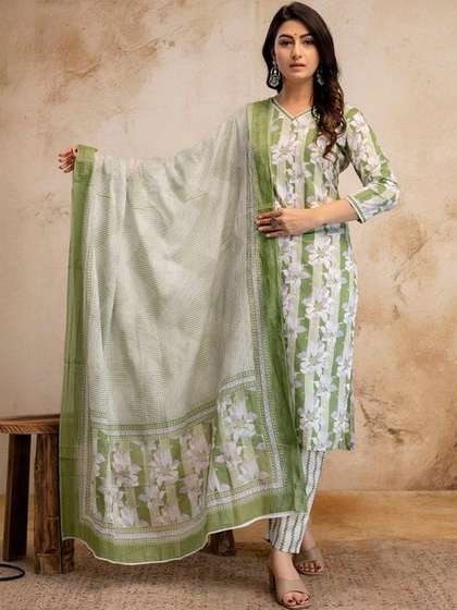VICENTA Women
                          Printed Regular Pure Cotton Kurta with
                          Trousers & With Dupatta