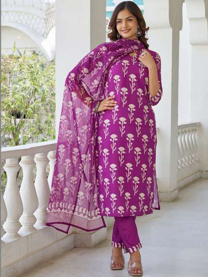 KALINI Women Floral
                        Printed Regular Kurta with Trousers & With
                        Dupatta