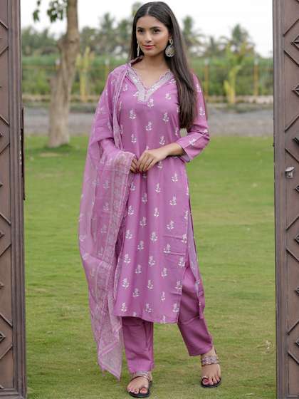 KALINI Women
                          Floral Printed Regular Thread Work Kurta with
                          Trousers & With Dupatta