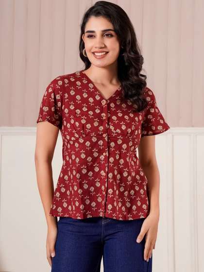 BANDIA Floral
                          Printed V-Neck Pure Cotton Blend Kurti