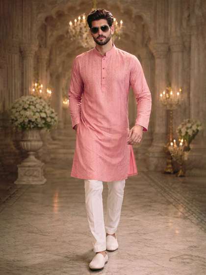 House of Pataudi
                        Pink Embellished Mandarin Collar Long Sleeve
                        Sequins Straight Kurtas