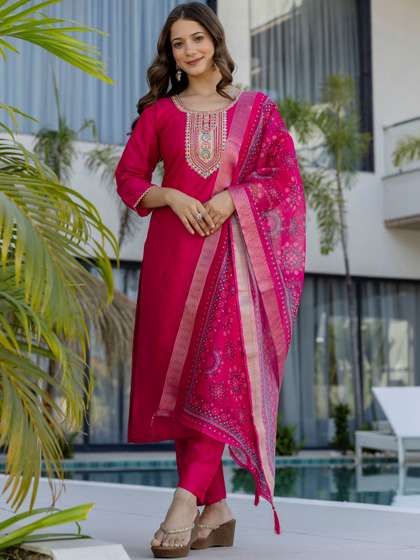 KALINI Women Floral
                      Yoke Design Regular Thread Work Chanderi Cotton
                      Kurta with Trousers & With Dupatta