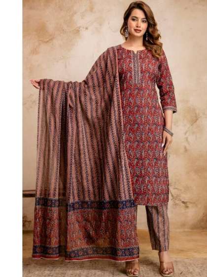 VICENTA Women
                        Printed Regular Pure Cotton Kurta with Trousers
                        & With Dupatta