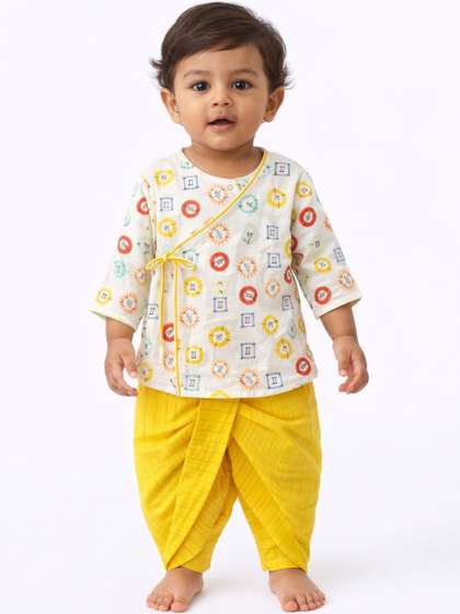 Cuddleloom Boys Ethnic
                    Motifs Printed Angrakha Pure Cotton Kurta with Dhoti
                    Pants