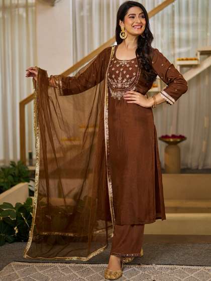 Brand Hill Women
                        Floral Embroidered Regular Thread Work Dupion
                        Silk Kurta with Trousers & With Dupatta