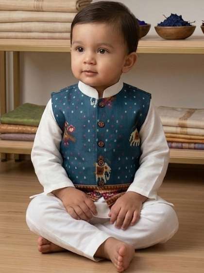 Sangria Infant Boys Pure
                    Cotton Round Neck Kurta & Pyjamas With Jacket