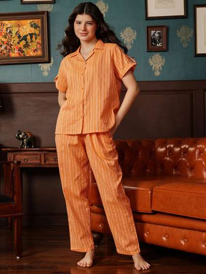 Clovia Women Brown
                        Striped Night suit
