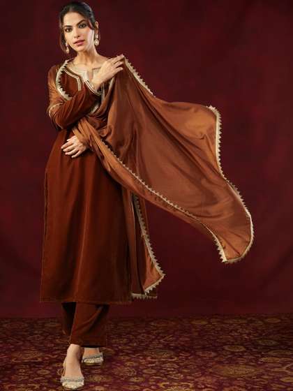 Janasya Women Brown
                        Velvet Embellished Straight Kurta Set