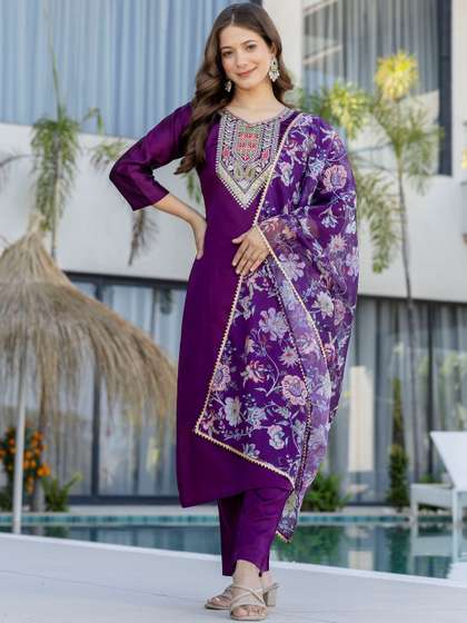 KALINI Women Floral
                        Embroidered Regular Thread Work Chanderi Cotton
                        Kurta with Trousers & With Dupatta