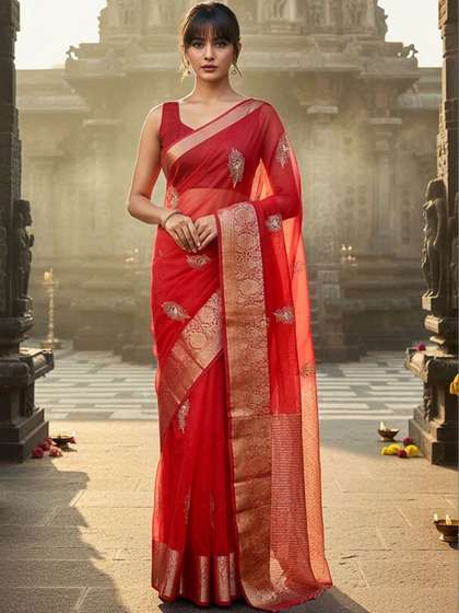SZN Woven Design
                        Zari Organza Handloom Banarasi Saree
