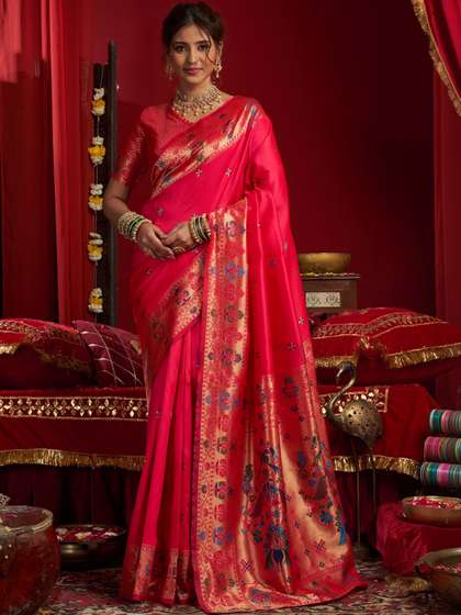 all about you Woven
                        Design Zari Silk Blend Designer Paithani Saree