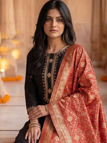 Indo Era Women
                        Embroidered Regular Sequinned Kurta with
                        Trousers & With Dupatta
