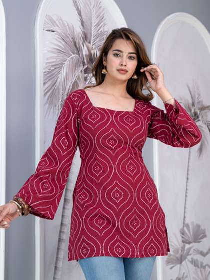 B F Bandhani
                          Printed Square Neck Pure Cotton Blend Kurti