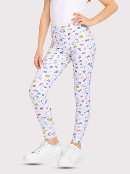 Bodycare Kids Girls
                    White & Blue Printed Cotton Leggings