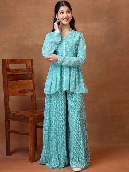 Inddus Girls Floral
                    Printed Pleated Kurta with Palazzos