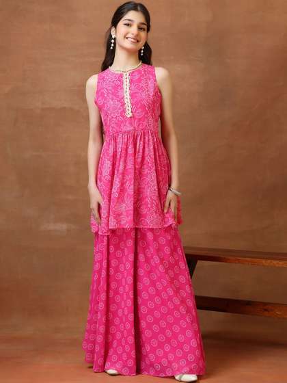 Inddus Girls Floral
                    Printed Pleated Gotta Patti Kurta with Palazzos