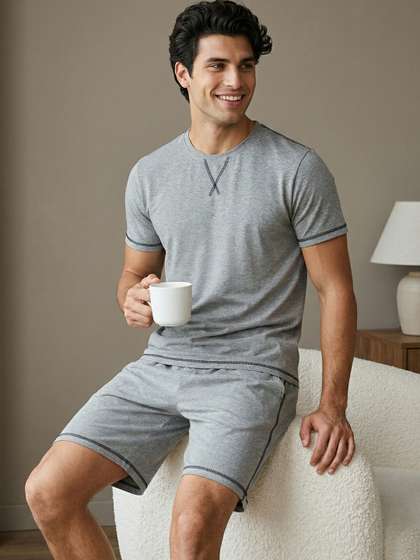 Styli Men Grey Solid
                        Round Neck Short Sleeves Night suit