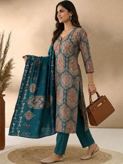 Anouk Women Ethnic
                          Motifs Printed Regular Chanderi Silk Kurta
                          with Trousers & With Dupatta
