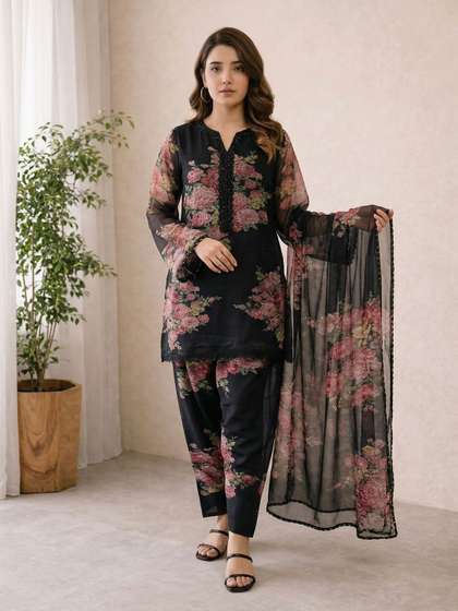 PAZVADI Women Floral
                        Printed Regular Sequinned Kurta with Palazzos
                        & With Dupatta