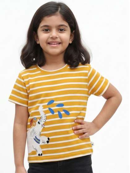 Pranava Gold Horizontal
                    Stripes Round Neck Short Sleeves Top
