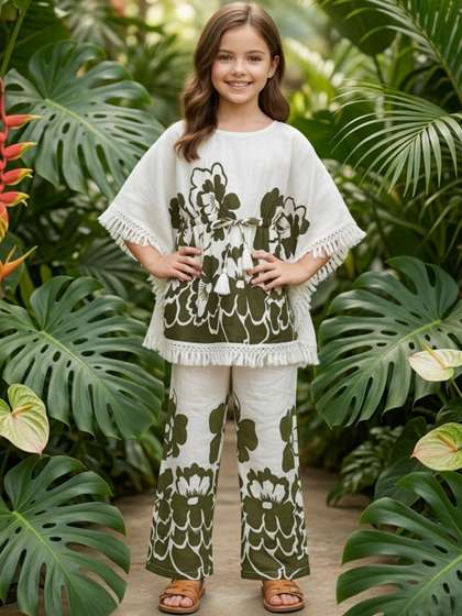 Cutiekins Girls Girls
                    Printed Round Neck Kaftan Kurta with Palazzos Set