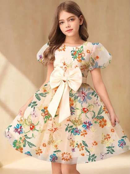 Dripteen Girls Printed
                      Round Neck Puff Sleeves Cotton Fit & Flare
                      Dress