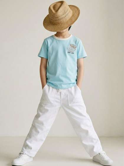 TALES & STORIES Boys
                    Blue Printed T-shirt with White Relaxed Fit Pant
                    Set