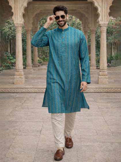 House of Pataudi
                        Blue Embellished Mandarin Collar Long Sleeve
                        Sequins Straight Kurtas