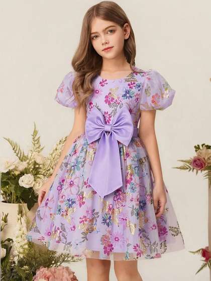 Dripteen Girls Printed
                      Round Neck Puff Sleeves Cotton Fit & Flare
                      Dress