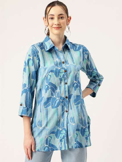 FERANOID Floral
                        Printed Shirt Collar Pure Cotton Blend Kurti