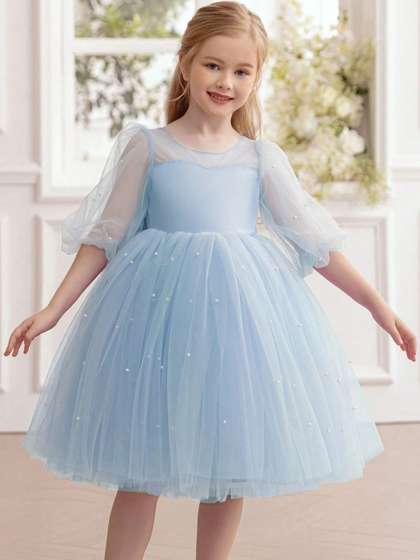 Dripteen Girls Self
                    Design Round Neck Flared Sleeves Cotton Fit &
                    Flare Dress