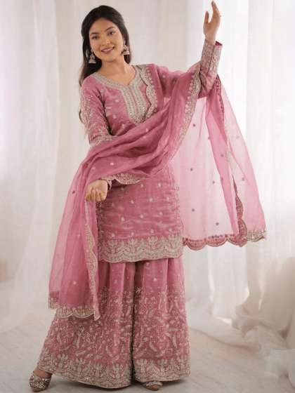 GLOBALIA CREATION
                        Women Ethnic Motifs Embroidered Regular Thread
                        Work Kurta with Sharara & With Dupatta