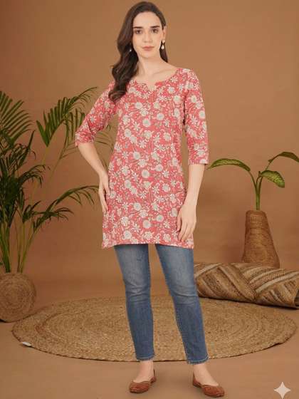 KALINI Floral
                        Printed V-Neck Pure Cotton Kurti