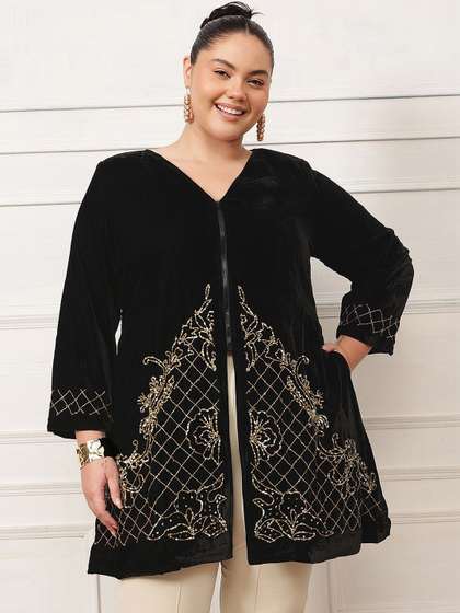 Antheaa Curve Women
                        Open Front Velvet Jacket with Embroidered