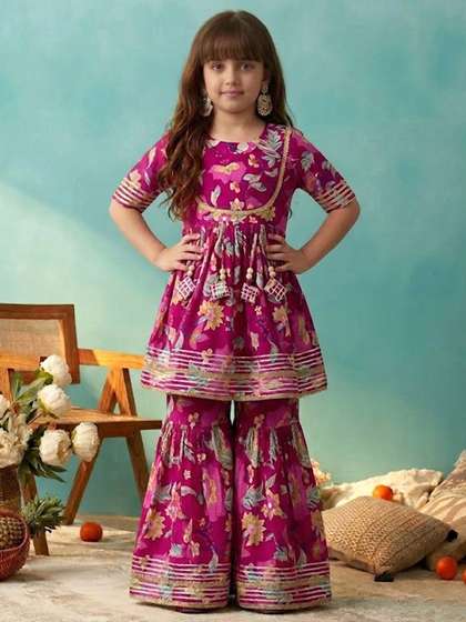 KALINI Girls Floral
                    Embroidered Panelled Gotta Patti Pure Cotton Kurta
                    with Sharara